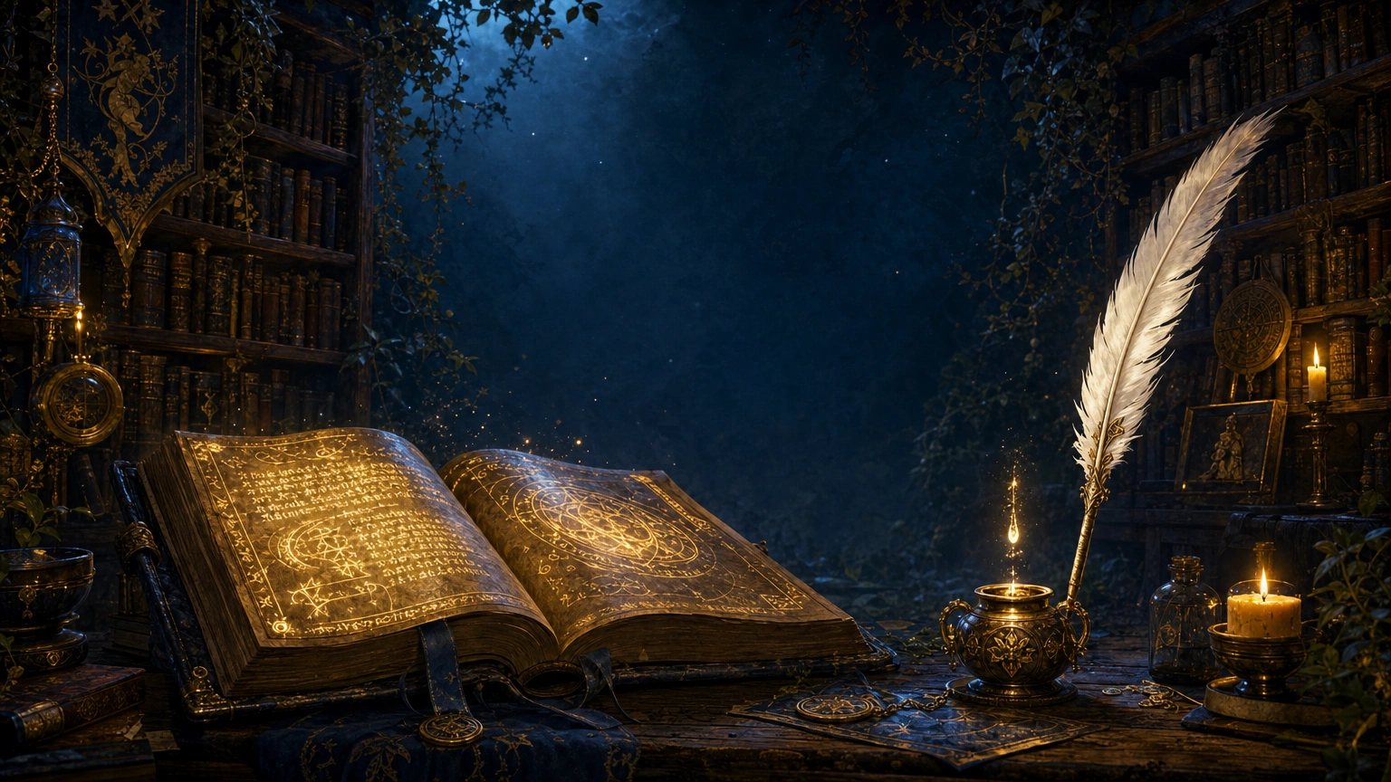 Un grimoire ouvert et une plume, dans une bibliothèque baignée de lumière dorée