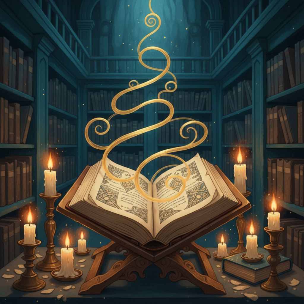 Un fil d'or lumineux s'élève des pages d'un vieux livre ouvert, dans une bibliothèque nocturne éclairée à la bougie